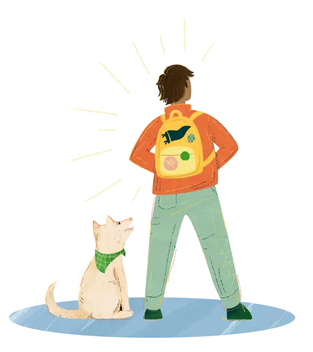 Illustration of a student and dog looking to the future